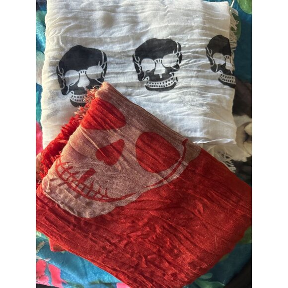 2 Long lightweight spooky skull theme shawls scarves White w/black and Red w/bei - Picture 7 of 7